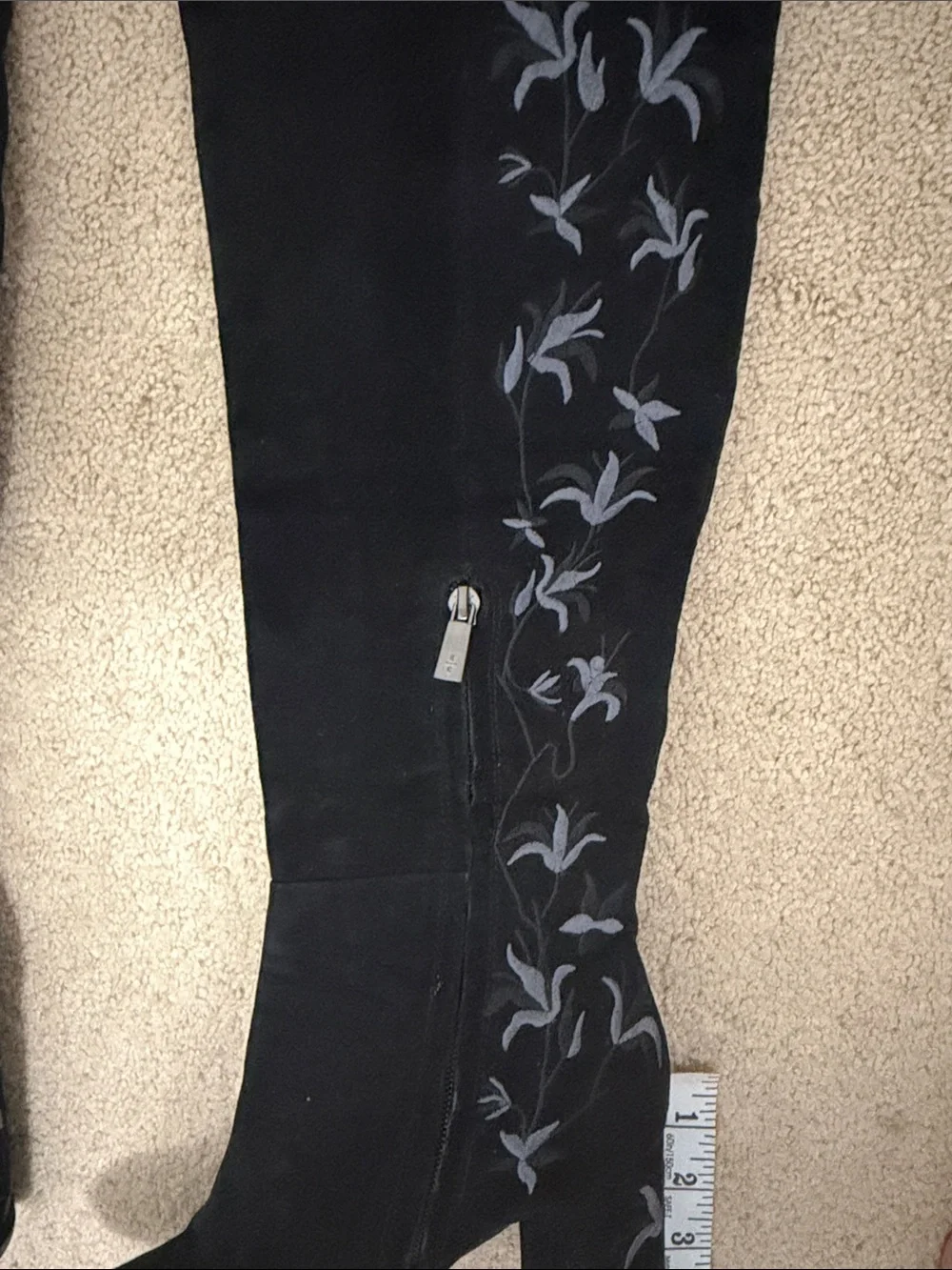 Kenneth Cole Claire Black Suede Embroidered Heel Boots size 6.5 Over the Knee